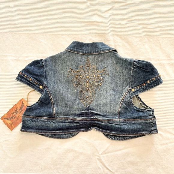 Studded Denim Crop Jacket Dark Indigo Shimmer Shrug - Picture 6 of 8